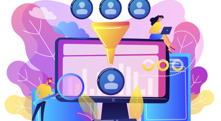 Data scientist and specialist extract knowledge and insights from data. Data science analytics, machine learning control, big data analytics concept. Bright vibrant violet vector isolated illustration
